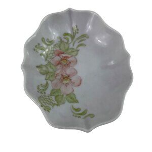 Hand-Painted Floral Porcelain Trinket Dish Vintage Pink Flowers Scalloped Edge
